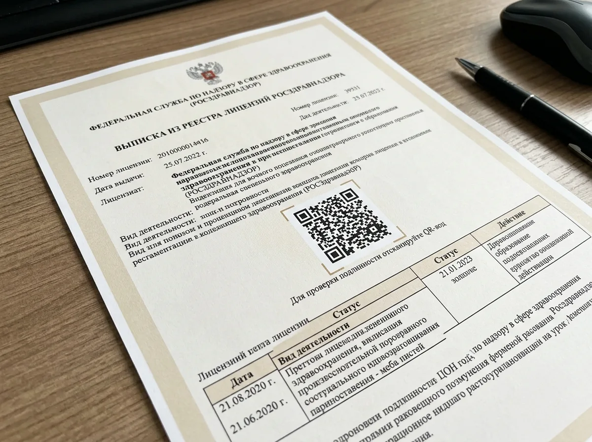 Выписка из реестра лицензий Росздравнадзора, электронный документ с QR-кодом для проверки подлинности