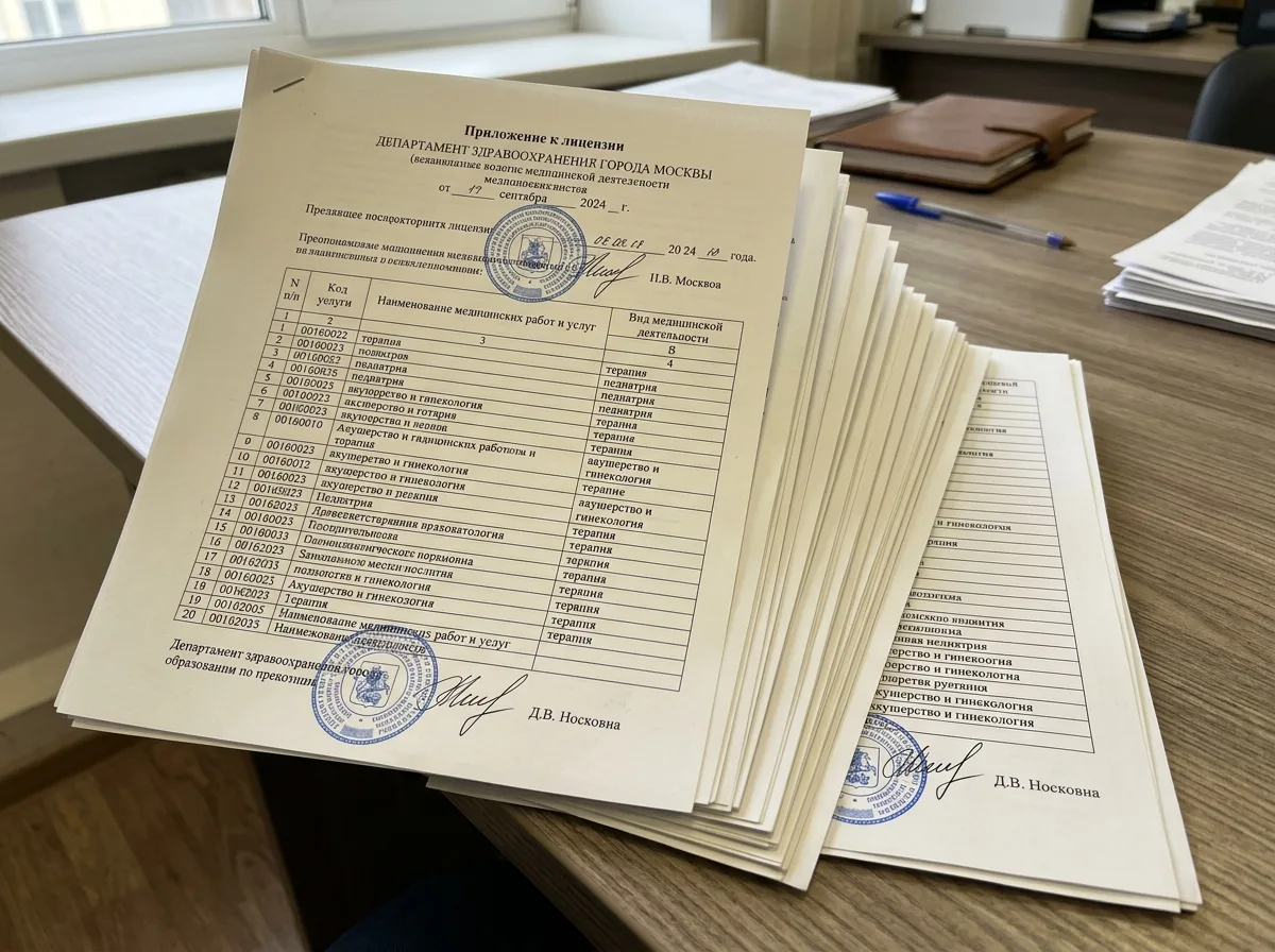Приложение к лицензии с перечнем видов медицинских работ и услуг, разрешённых к осуществлению, многостраничный документ